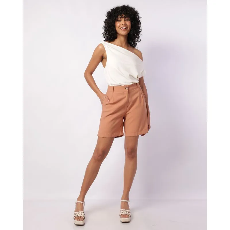 Bermuda Feminina Reta Viscose com Pregas Bolsos Bege P