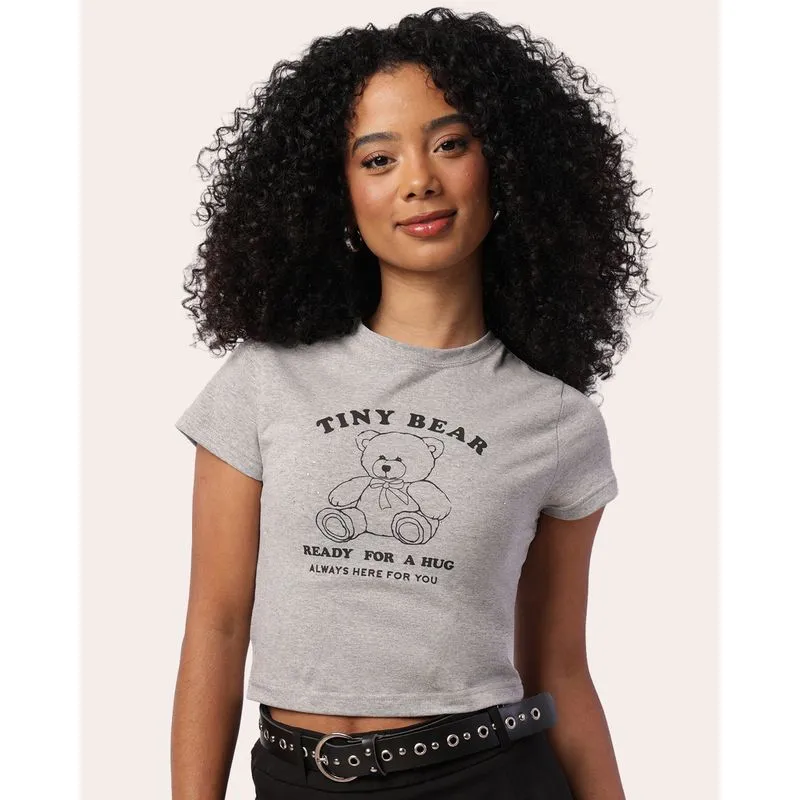 Camiseta Feminina Cropped Manga Curta Estampa Urso com Strass Cinza GG