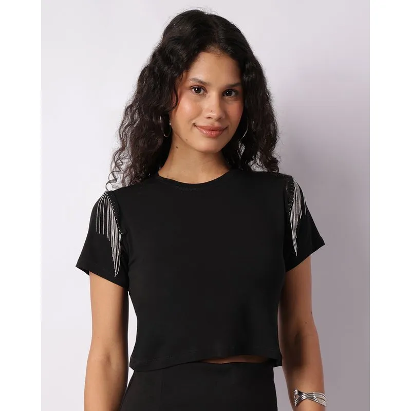 Blusa Feminina Cropped Manga Curta com Franjas Preta M