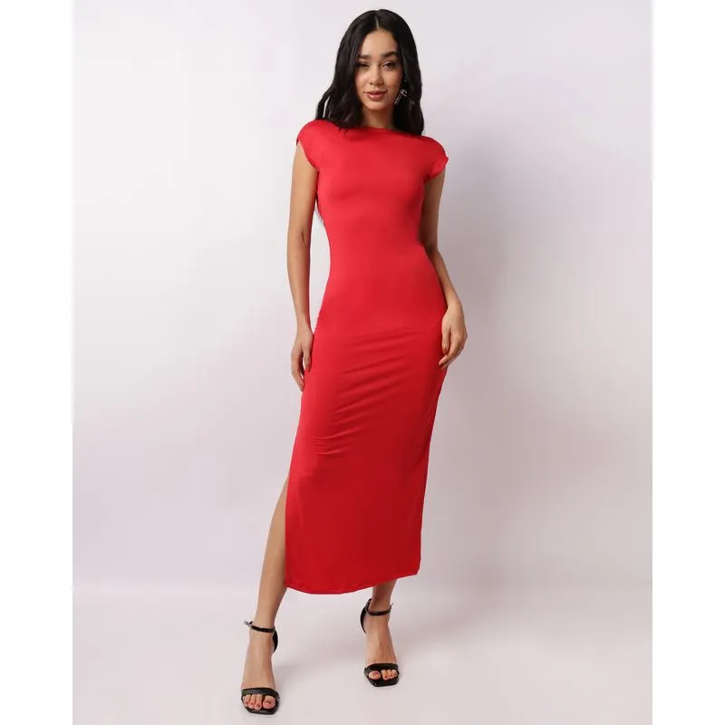 Vestido Feminino Midi Suplex Costas Aberta Franzido Vermelho G