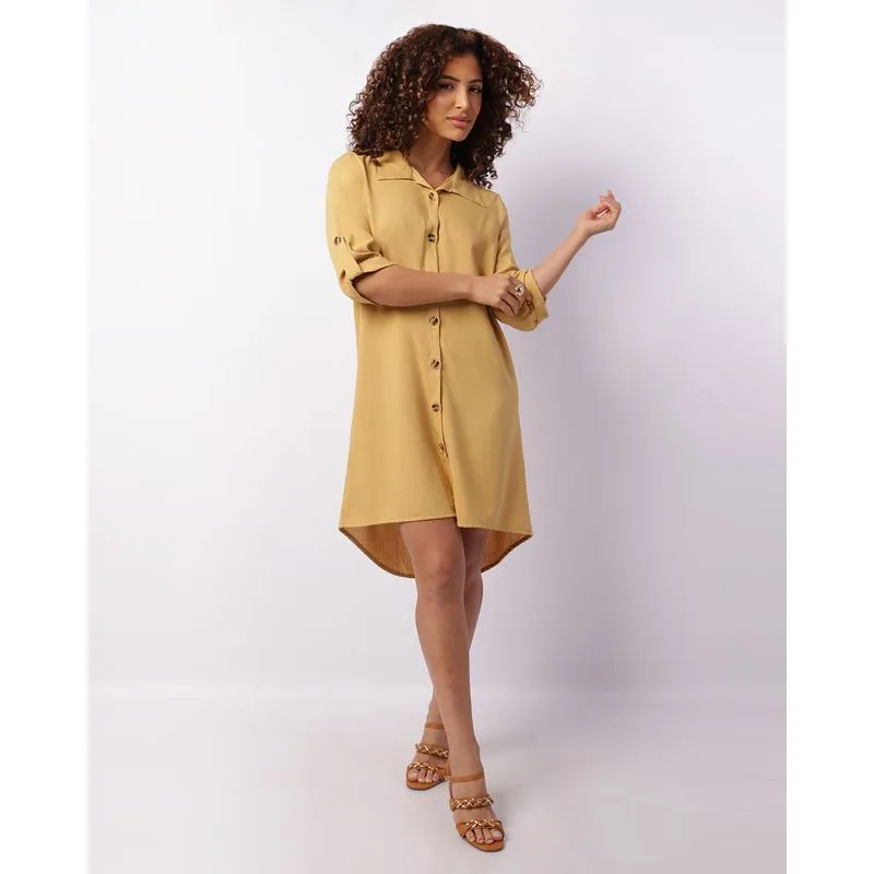 Vestido Chemise Feminino Curto Manga 3/4 Com Botões Mostarda M
