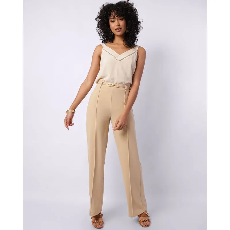 Calça Feminina Pantalona com Pregas Cinto Bege M