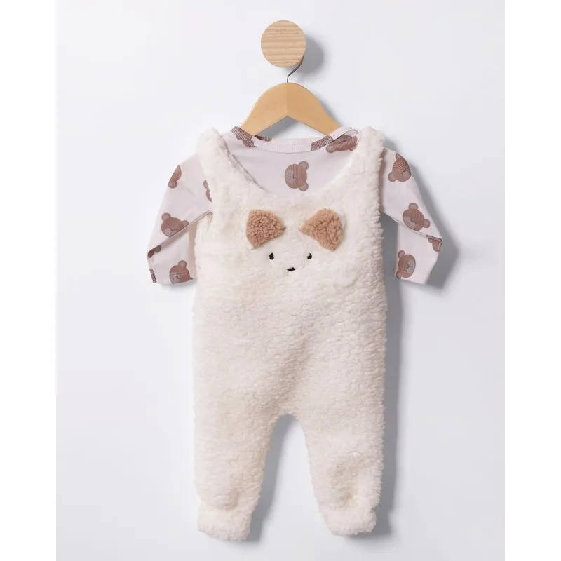 Conjunto Jardineira Bebê Peluciado Estampa Interativa Off White G