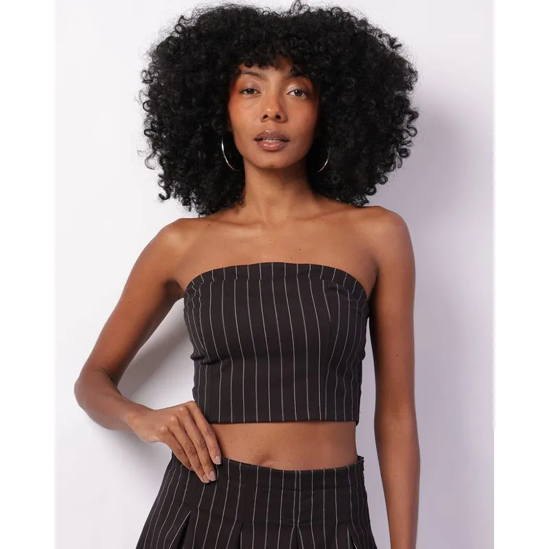 Blusa Feminina Cropped Tomara Que Caia Listrada Preta P
