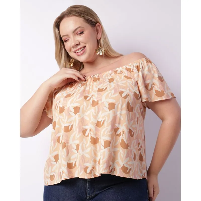Blusa Plus Size Feminina Berry & Co. Ciganinha Estampada Bege G3