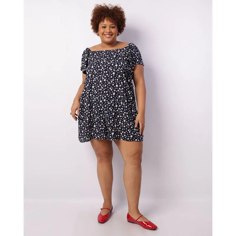 Macaquinho Plus Size Feminino Curto Viscose Estampado Marinho G3