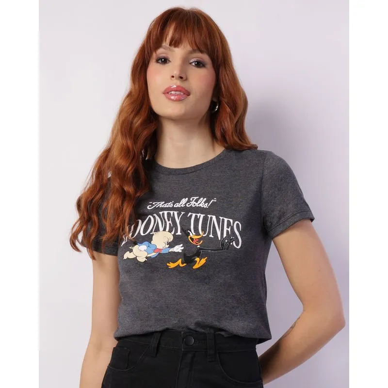 Camiseta Feminina Looney Tunes Manga Curta Cinza M