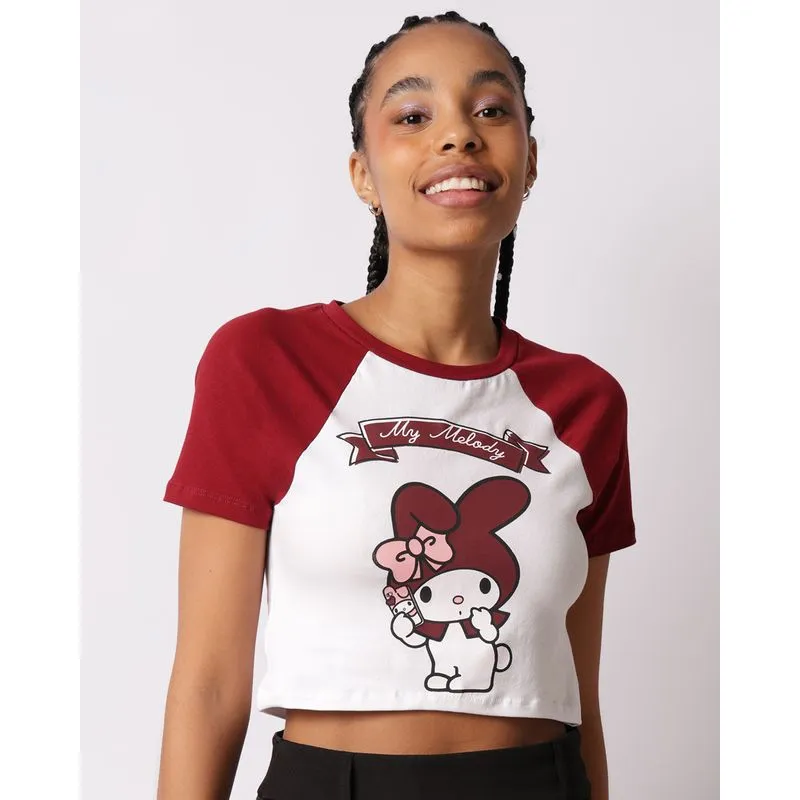 Camiseta Cropped Feminina My Melody Manga Curta Raglan Branca P