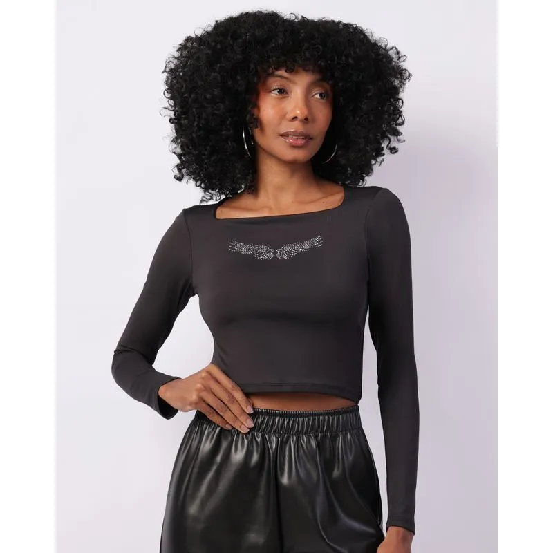 Blusa Feminina Cropped Suplex com Aplicação Strass Preta G