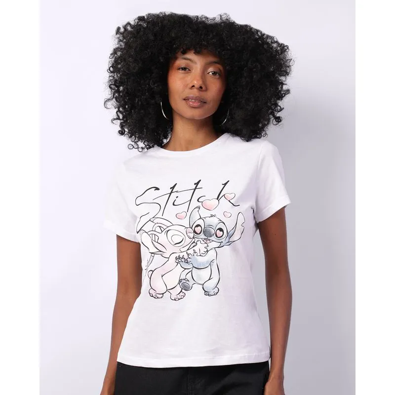Camiseta Feminina Disney Angel E Stitch Manga Curta Branca G