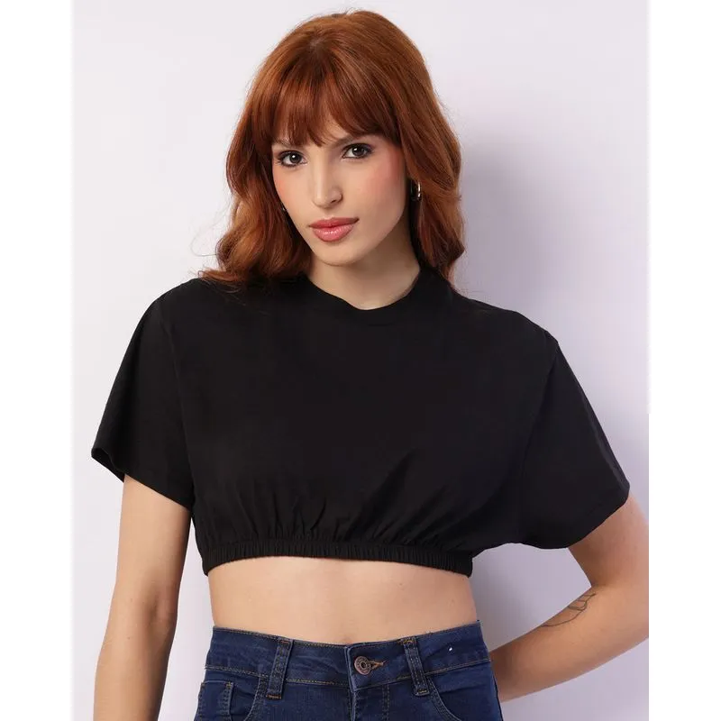 Blusa Feminina Cropped com Elástico Manga Curta Preta M
