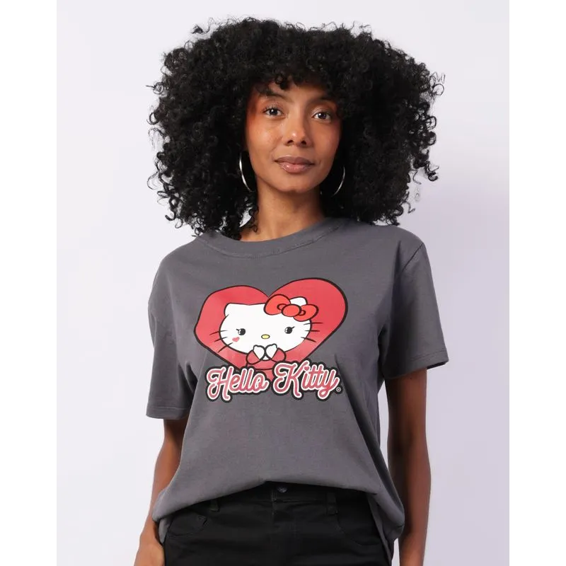 Camiseta Feminina Hello Kitty Manga Curta Cinza P