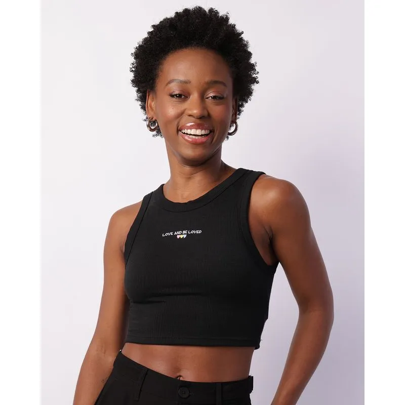 Regata Feminina Cropped Canelada com Bordado Preta M