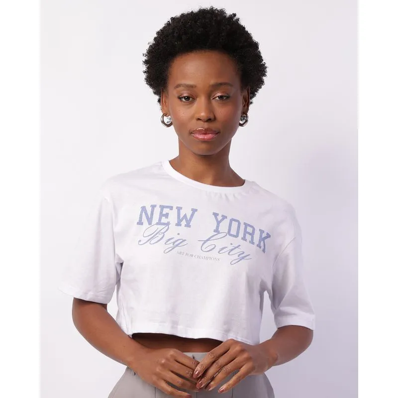 Camiseta Feminina Cropped Estampa New York Branca G