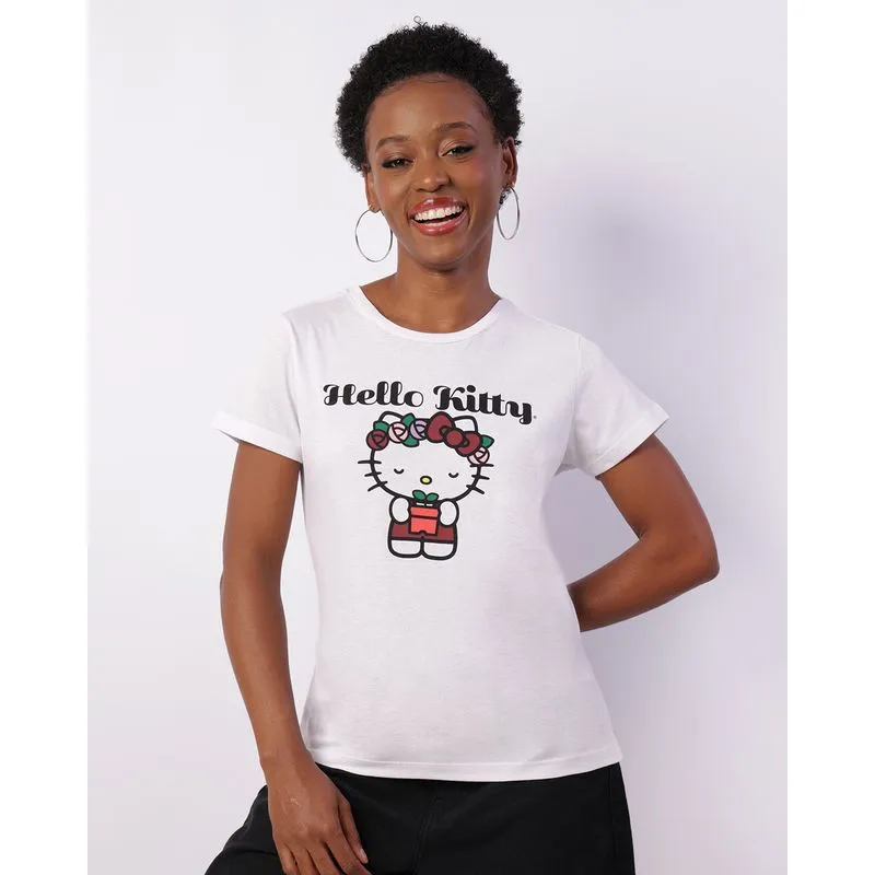 Camiseta Feminina Hello Kitty Manga Curta Branca M