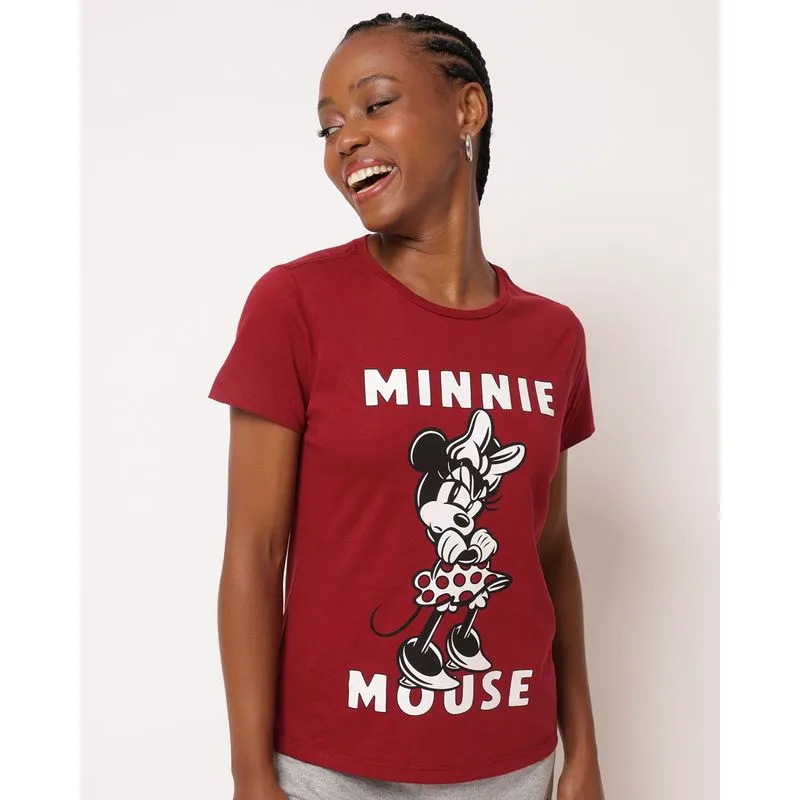 Camiseta Feminina Algodão Disney Minnie Manga Curta Vinho P