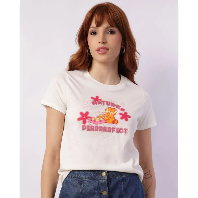 Camiseta Feminina Garfield Manga Curta Off White P