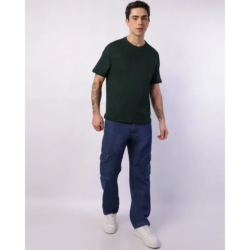 Calça Jeans Masculina Reta com Bolso Cargo Azul 48