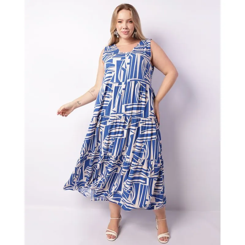 Vestido Plus Size Feminino Berry & Co. Viscose Três Marias Azul G2