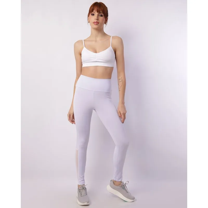 Calça Legging Fitness Feminina Recorte Tule Branca GG