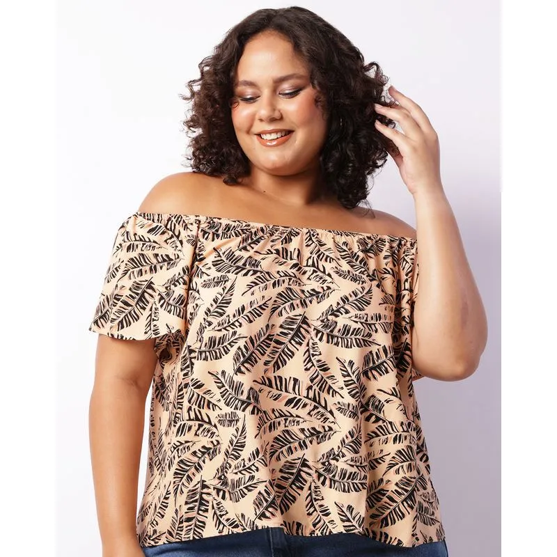Blusa Plus Size Feminina Berry & Co. Ciganinha Estampada Bege G2