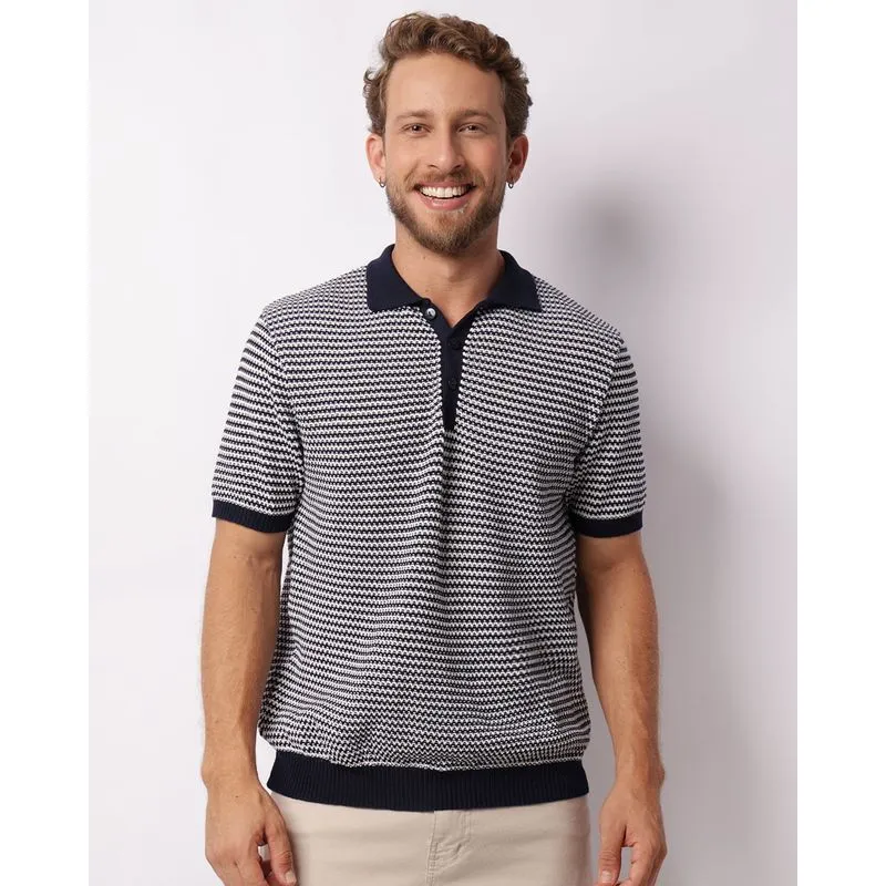 Camisa Polo Masculina Manga Curta Tricô Jacquard Listrado Marinho G