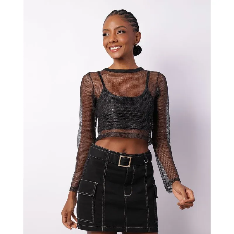 Blusa Feminina Cropped Sobreposição Tule Lurex Preta M