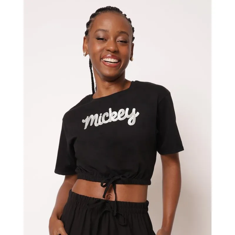 Camiseta Cropped Feminina Algodão Estampa Bordada Mickey Preto G
