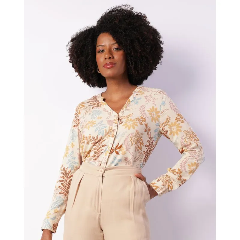 Camisa Feminina Berry & Co. Viscose Manga Longa Estampada Bege G