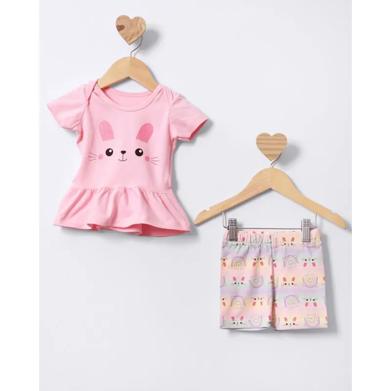 Conjunto Bebê Curto Estampa Gatinho Babado Rosa P