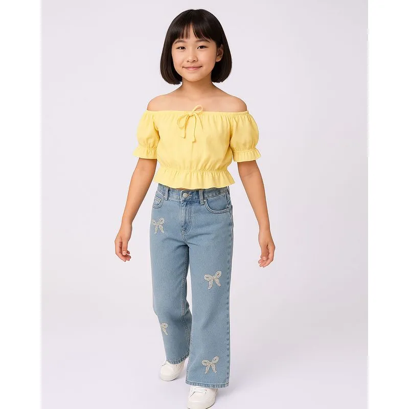 Calça Jeans Infantil Flare com Paetê Laço Azul 4