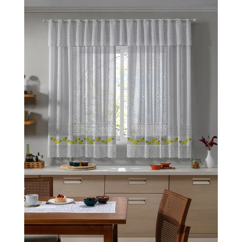 Cortina De Cozinha Valencia 200cmX120cm Estampa Limões Branca UN