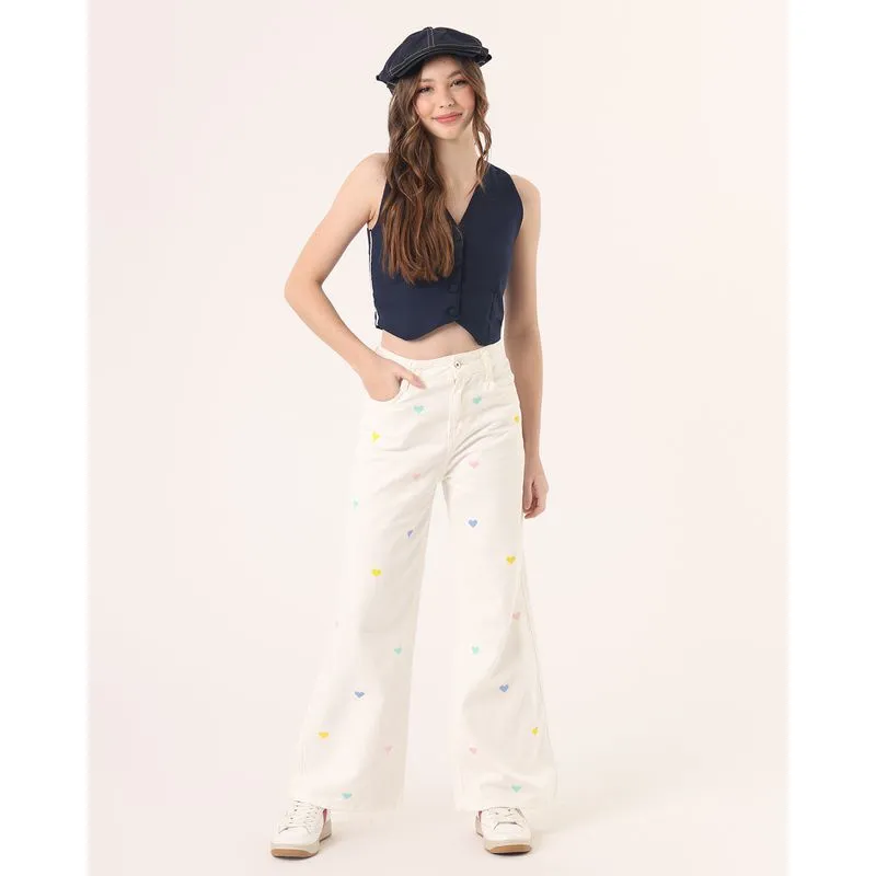 Calça Sarja Juvenil Wide Leg com Bordado Corações Off White 14