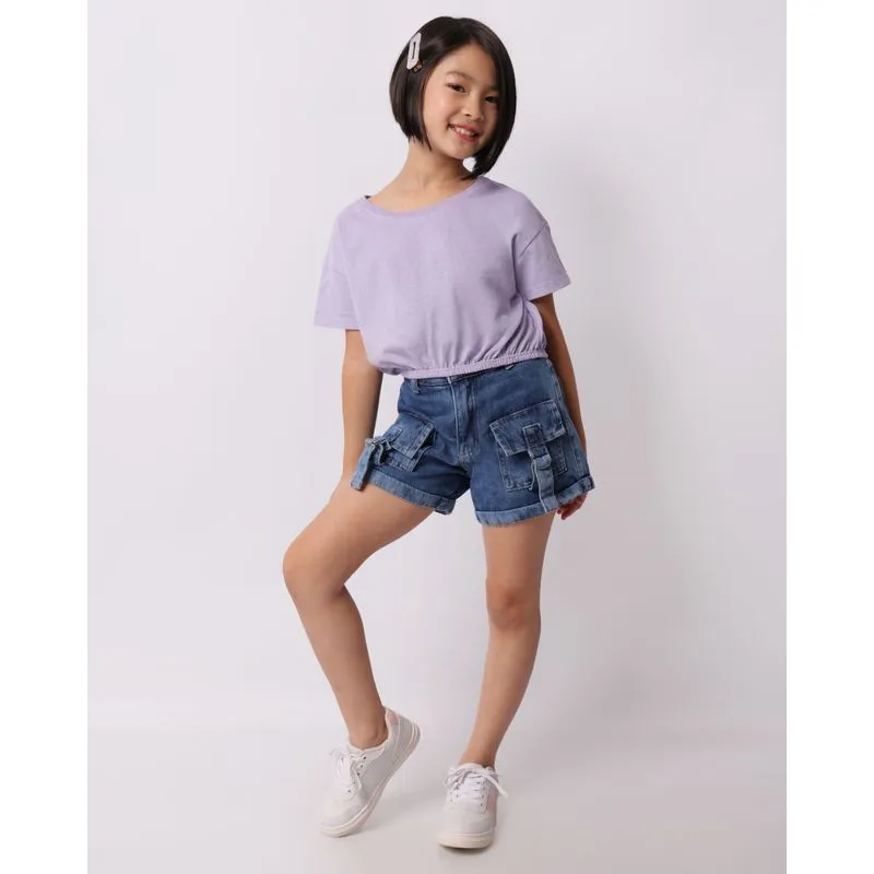 Short Jeans Infantil Curto Bolsos Com Argolas Azul 8