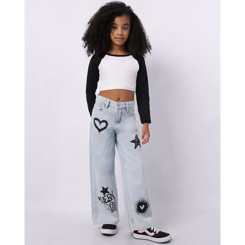 Calça Jeans Infantil Wide Leg Destroyed com Estampas Azul 8