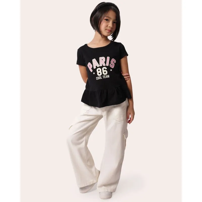 Calça Sarja Infantil Wide Leg Com Bolsos Cargo Off White 6