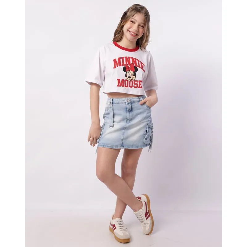 Saia Jeans Juvenil Cargo Estonada com Detalhes Azul 16
