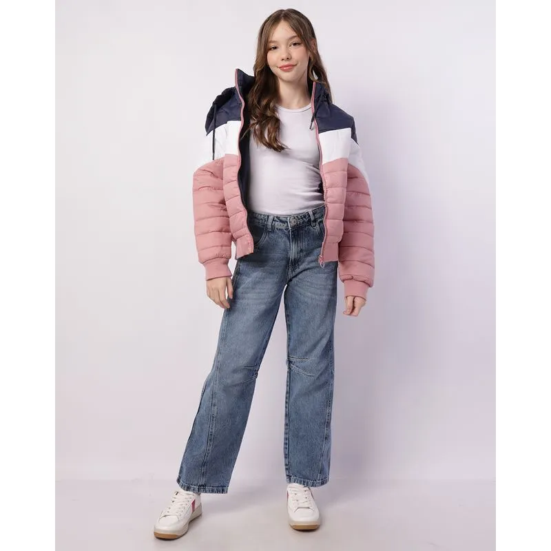 Calça Jeans Juvenil Baggy Estonada com Recortes Azul 14