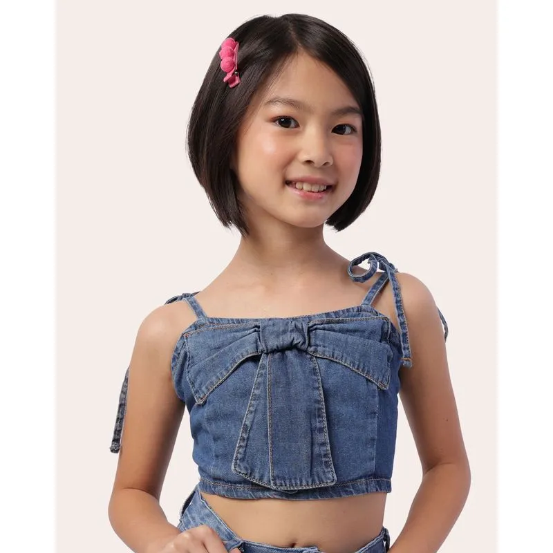Regata Jeans Infantil Cropped com Lastex Laço Frontal Azul 8