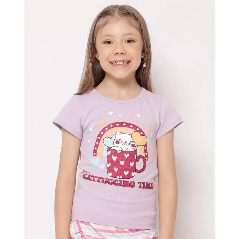 Camiseta Infantil com Estampa Gatinho Lilás 4