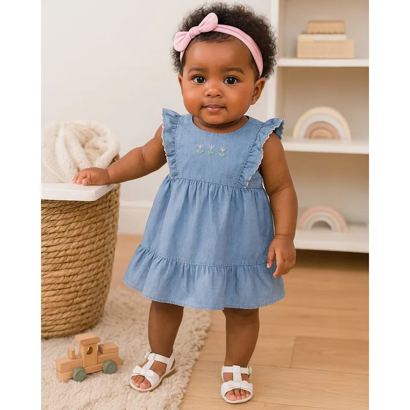 Vestido Jeans Bebê com Babado Bordado Azul G