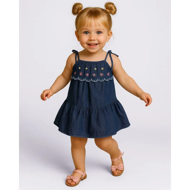Vestido Jeans Bebê com Babado Bordado Alcinha Azul 3