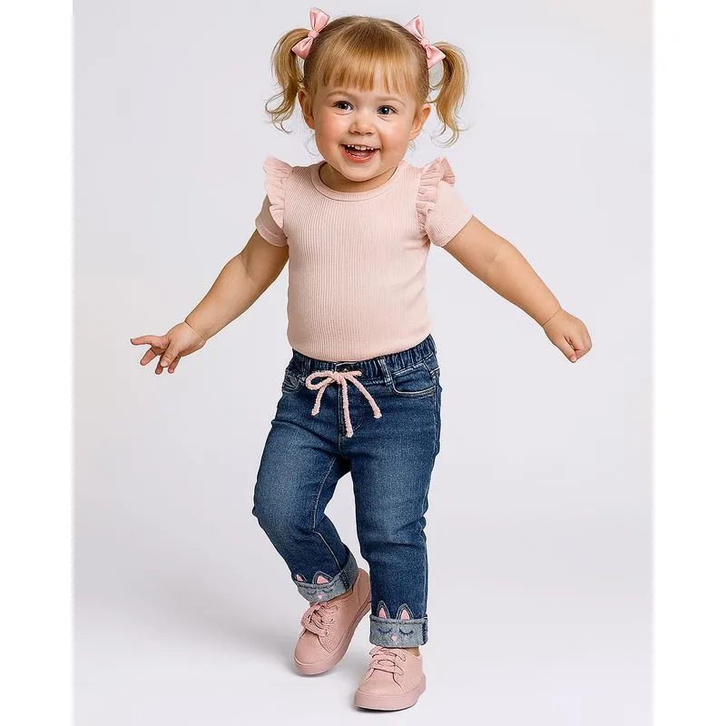 Calça Jeans Bebê Reta com Desenho Interativo Coelhinho Azul 1