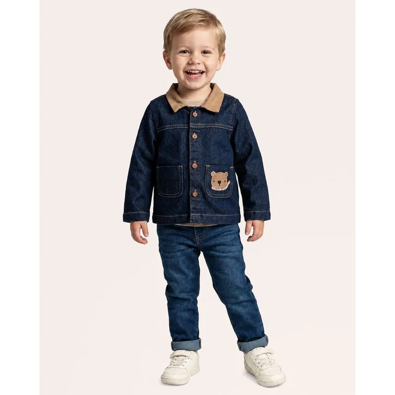 Jaqueta Jeans Bebê com Bordado Urso Azul Escuro 3