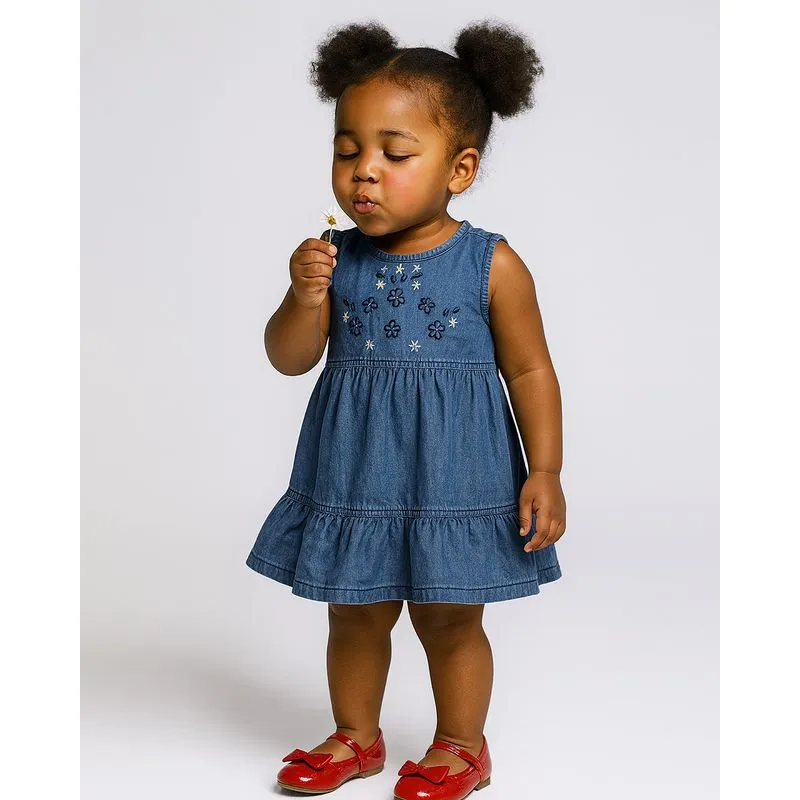 Vestido Bebê Liocel Curto com Bordado Babado Azul 3