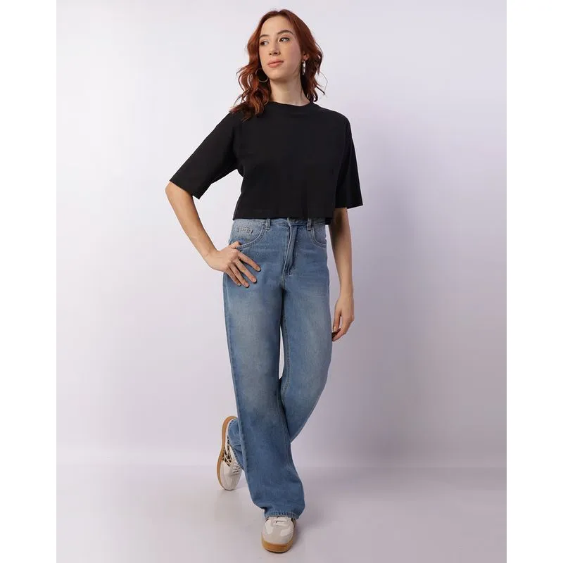 Calça Jeans Feminina Wide Leg Com Aplicação Strass Azul 38