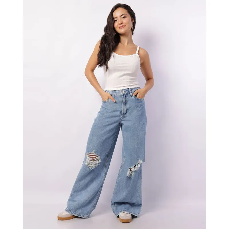 Calça Jeans Feminina Wide Leg Destroyed com Bolsos Azul 40