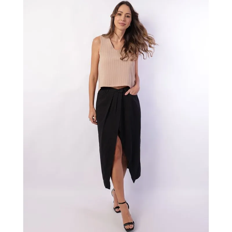 Saia Sarja Feminina Midi com Fenda Preta 38