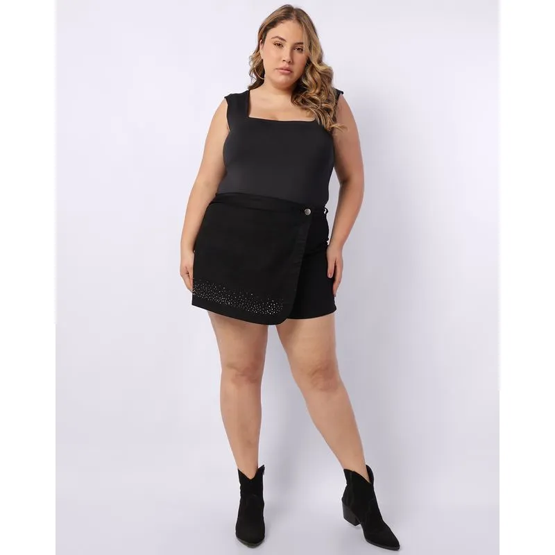 Short Saia Sarja Plus Size Feminino com Strass Preto 48