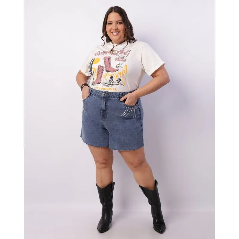 Short Jeans Plus Size Feminino Barra Desfiada Strass Azul 54